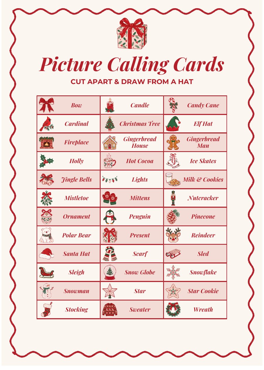 Sheet of 36 Christmas picture calling cards